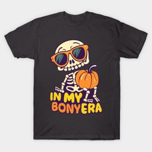 In My Bony Era Tee Halloween Skeleton with Glasses holding Pumpkin T-Shirt